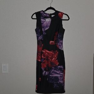 Calvin Klein Black Dress with Red and Purple Floral Design